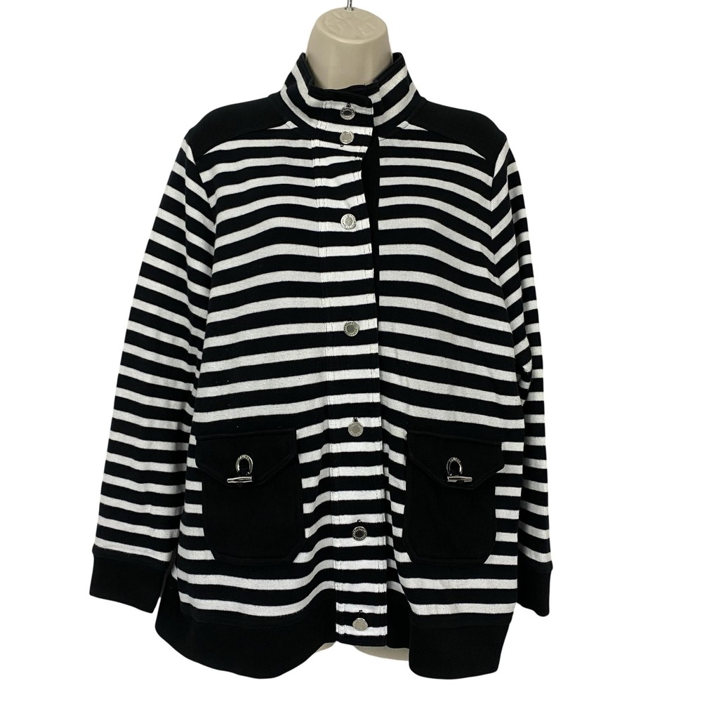 Ralph Lauren Cardigan Sweater Womens 1X Black White Stripe Nautical Pockets LRL